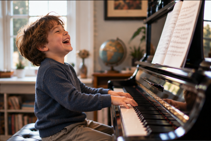 A young student laughing with joy while playing the piano
